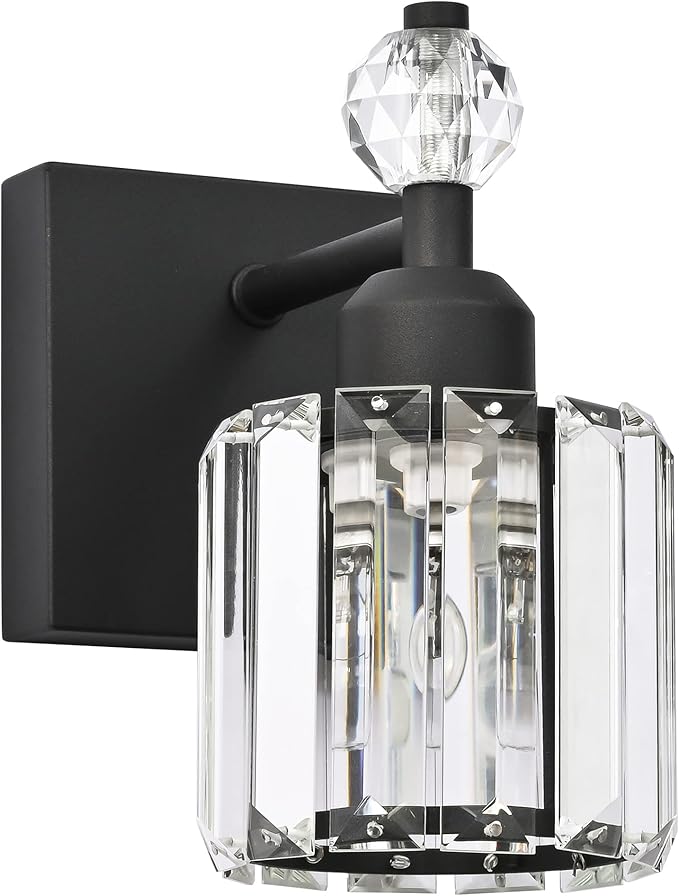 PRESDE 1-Light Bathroom Vanity Light, Modern Matte Black Wall Sconce with Crystal Shade, Single Wall Lamp for Over Mirror Bedroom Hallway