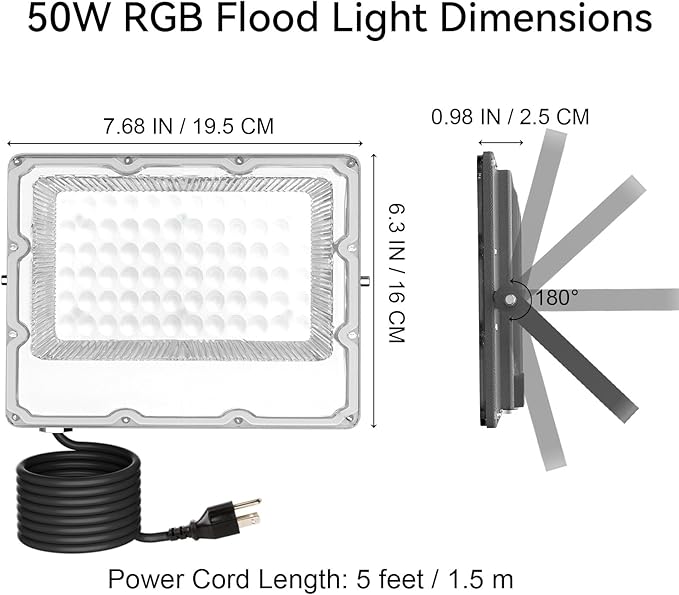 RGB LED Flood Lights Outdoor, 50W (400W Equivalent) Color Changing Smart Lights, 5000LM, Bluetooth App & 2.4G Remote Control, IP66 Waterproof, Music Sync, Timer, 16 Million Colors(2-Pack)