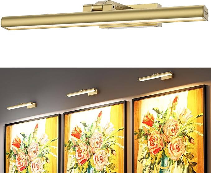 Wireless Picture Lights for Wall, Battery Operated Wall Light for Painting Rechargeable CCT Rotatable Art Gallery Light with Remote Dimmable Timer for Artwork Frame Display Dartboard (Gold, 16inch)