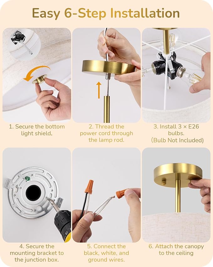 EDISHINE 12.6Inch Semi Flush Mount Ceiling Light, 3-Light Close to Ceiling Light Fixtures with Double Drum Linen Fabric Shade, Modern Mount Lamp for Bedroom Hallway Dining Room, Brushed Gold