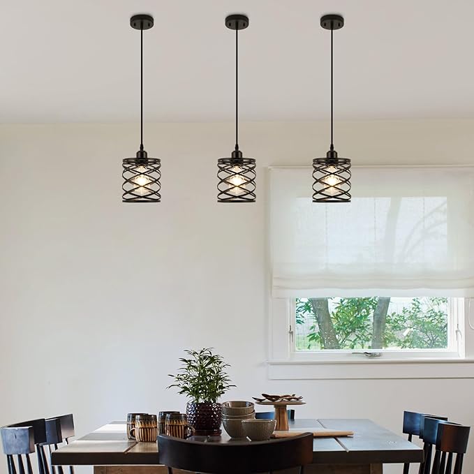 WILON Farmhouse Pendant Lights for Kitchen Island,5.9'' Spiral Cage Pendant Lights,Adjustable Black Industrial Pendant Light Fixtures Retro Lighting for Kitchen Island, Living Room, Bedroom (1-Light)