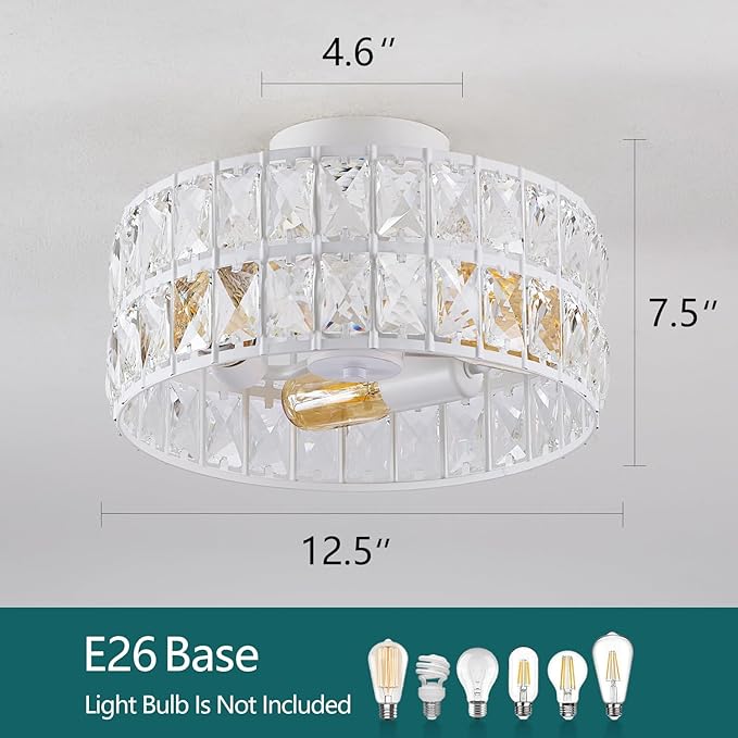 Modern Semi Flush Mount Ceiling Light - 11.8-Inch 3-Light Crystal Chandelier, White Ceiling Fixture for Bedroom Hallway Kitchen, Close-to-Ceiling Lighting with E26 Bulb Bases