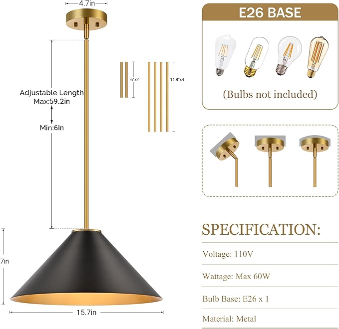 15.7 Inch Modern Pendant Lights Kitchen Island, Black and Gold 1-Light Single Pendant Lighting Fixtures, Metal Cone Farmhouse Ceiling Hanging Light for Dining Room Over Sink Table Hallway