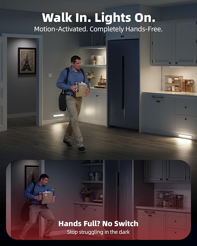 Under Cabinet Lighting, 12inch Rechargeable Motion Sensor Light Indoor, 2400mAh Battery Operated Closet Lights, with Dimmable & 3 Color Temps, Wireless Under Counter Lights for Kitchen,Stairs(6Pack) ﻿