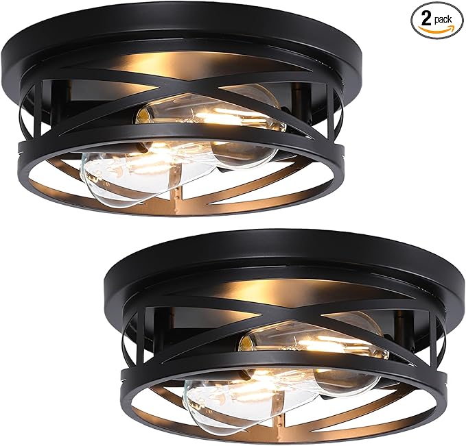 COTULIN Farmhouse Black Flush Mount Ceiling Lights 2 Pack, Industrial Metal Cage Hallway Round Light fixtures with Rustic Light fixtures for Living Room Bedroom, Hallway, Kitchen (2-Light)