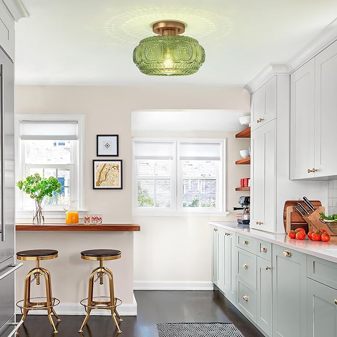 Semi Flush Mount Ceiling Light, Upgraded Larger Green Glass Ceiling Light Fixture, Vintage Lighting for Hallway Kitchen Bedroom Dining Room, Bulb Not Included