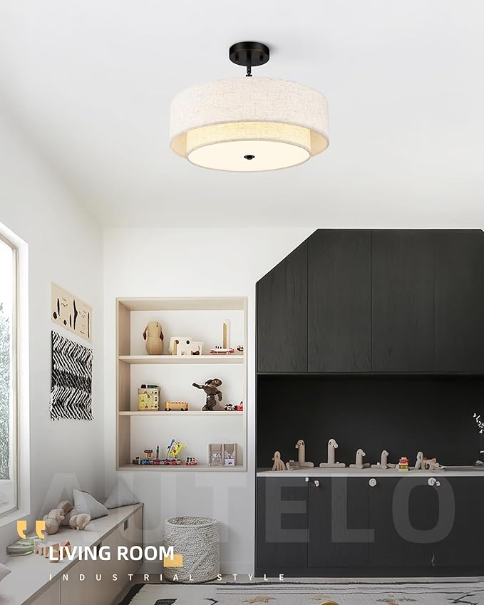 AUTELO Black Semi Flush Mount Ceiling Light, 3-Light 18" Flush Mount Ceiling Light in Black Finish with Drum Fabric Shade for Hallway Bedroom Kitchen, C2506 BK-18