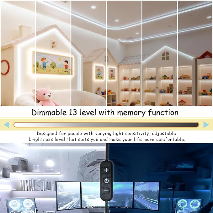 10Ft Rope Light Indoor Tape Lights LED Strip Lights for Vanity Mirror Bedroom with Dimmer Control for Kitchen, Cabinet, Shelf, Super Bright Flexible Cuttable Under Cabinet Lighting Counter
