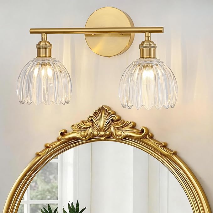Gold Bathroom Light Fixtures Over Mirror, 2 Light Bathroom Vanity Light Fixture with Tulip Transparent Glass Lampshade, Vintage Vanity Lights for Bathroom, Bathroom Vanity Lights Over Mirror