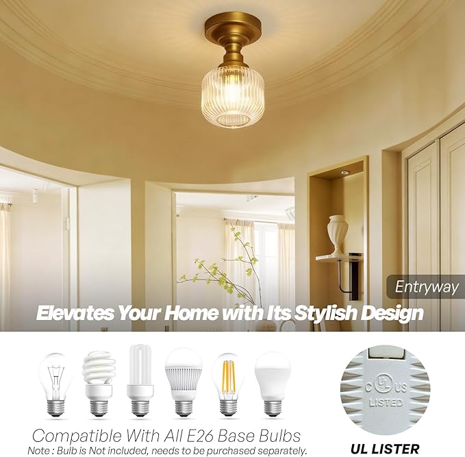 Modern Schoolhouse Semi Flush Mount Ceiling Light with Clear Ribbed Glass Lampshade, Industrial Close to Ceiling Light Fixture for Farmhouse Bedroom Entryway Stairs