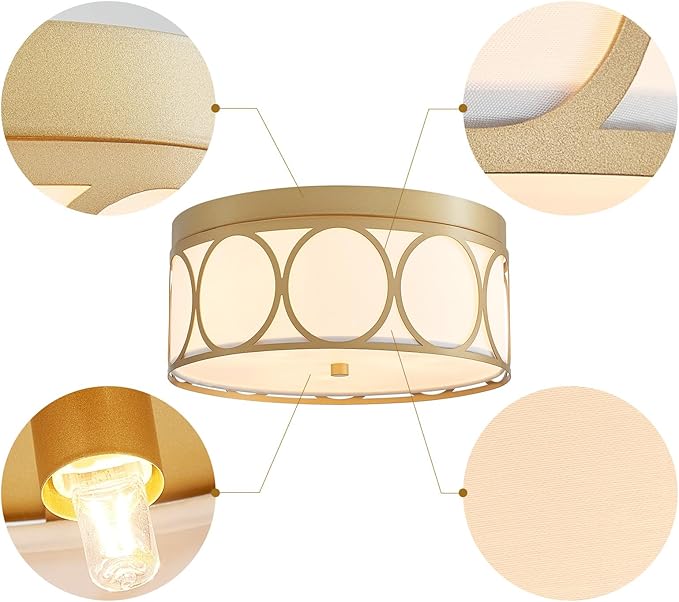 Modern Fabric Drum Ceiling Light, Flushmount Close to Ceiling Light Fixture for Living Room, Bedroom, Dining Room, Kitchen. D12 x 5in, Gold Finished Metal Frame, White Fabric Lampshade
