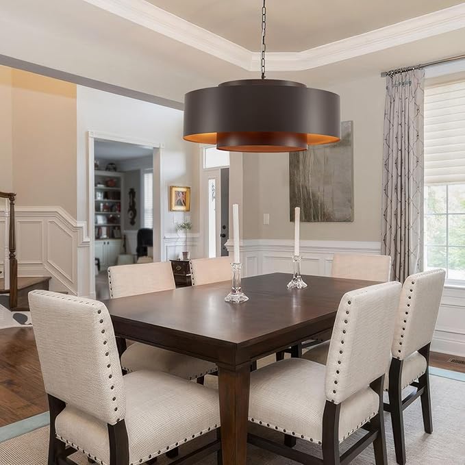 D30 Modern Geometric Metal Drum Pendant, Oil-Bronze Round Farmhouse Chandelier Industrial Pendant Light for Kitchen Island Dining Room Living Room