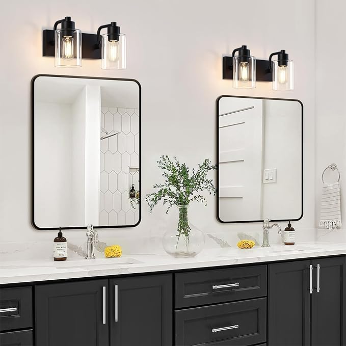 Dpyrrhic Matte Black 2-Light Bathroom Lights Over Mirror with Clear Glass Shade, Modern Bathroom Light Fixtures for Kitchen Living Room Bedroom Laundry Room