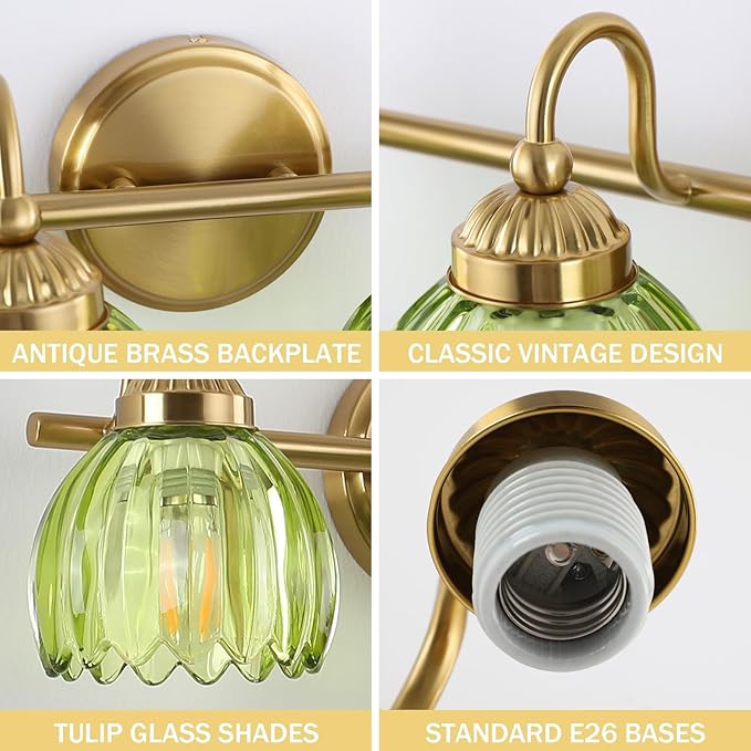 Vintage Bathroom Light Fixtures, Brass Vanity Lights with Green Tulip Glass Shade, Vanity Sconces for Bathroom Bedroom Living Room Hallway, 3-Light