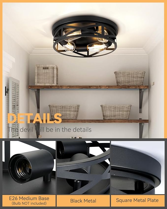 13 Inch Farmhouse Ceiling Light Fixtures, Metal Cage Close to Ceiling Lights 4-Light, Vintage Flush Mount Ceiling Lights for Bedroom Porch Kitchen Entrance, Black
