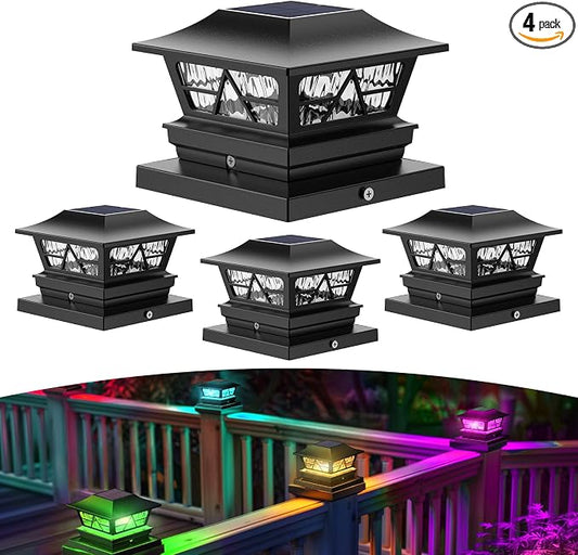 Solar Post Lights Outdoor Waterproof RGB Color Changing Modes Fence Post Cap Lights, Deck Post Lights Solar Powered for 4x4 5x5 6x6 Wooden or Vinyl Yard Garden Patio Decor, Black(4 Pack)