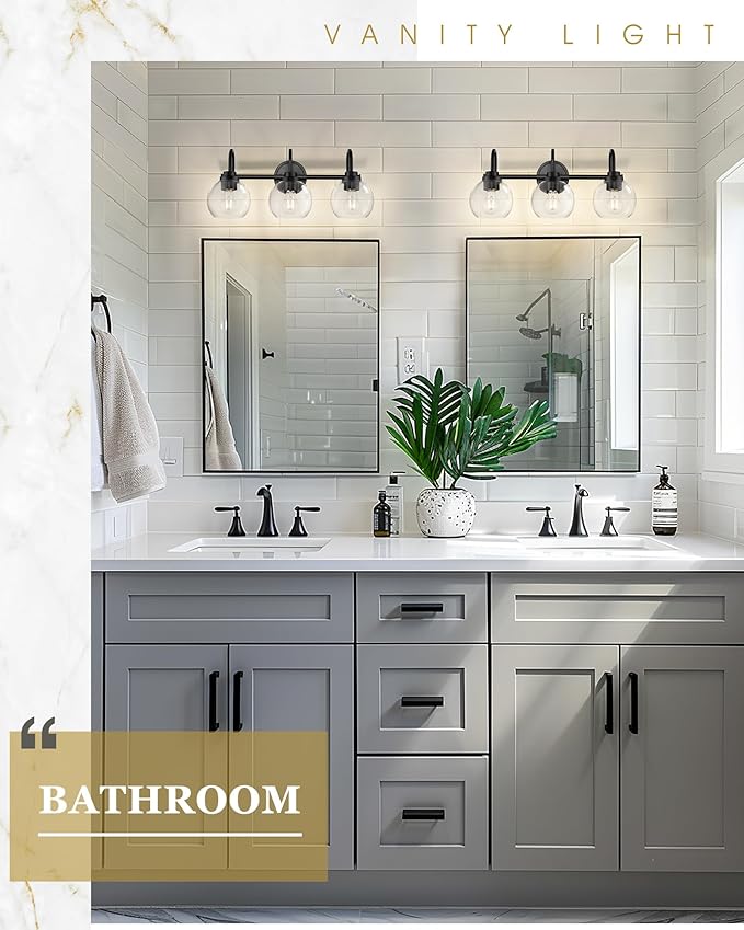 Bathroom Light Fixtures, 3-Light Matte Black Vanity Lights with Globe Clear Glass, Modern Vanity Lighting Fixtures Over Mirror, AD-22280-3W-BK
