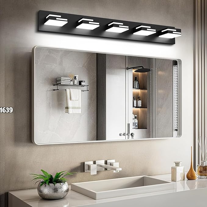 LED Modern Bathroom Vanity Light Fixtures, 5-Light 34-inch Dimmable Matte Black Vanity Lights for Bathroom Lighting Fixtures Over Mirror, with 360° Rotatable Acrylic Heads (Cool White 6000K)