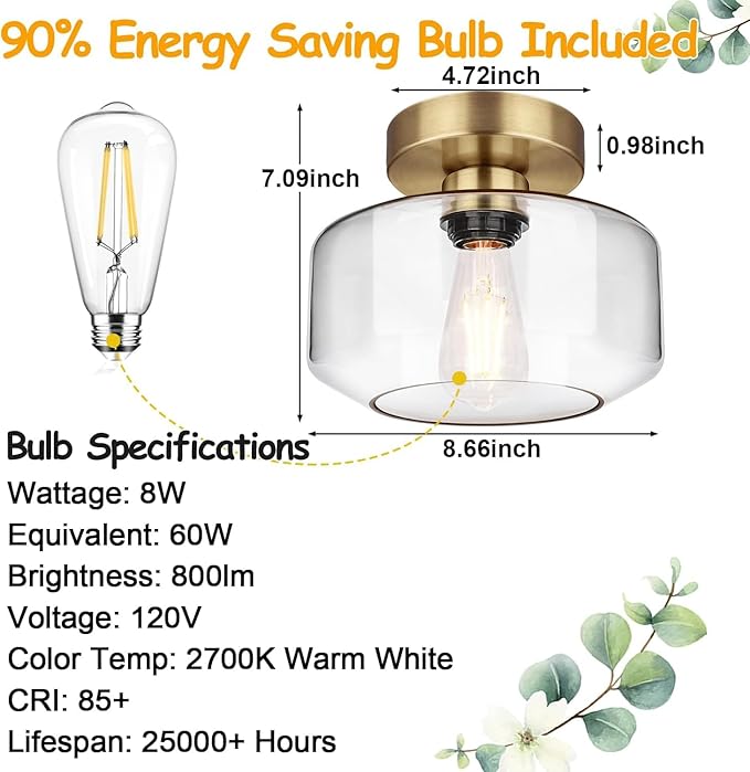 Lynnoland Industrial Semi Flush Mount Ceiling Light Brass, 800 Lumen LED Bulb Included, Clear Glass Shade Ceiling Light Fixture, Light Fixture for Hallway Bathroom Bedroom, Vintage Hanging Lighting