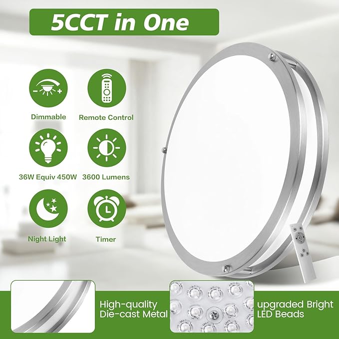 Flush Mount LED Ceiling Light Fixture with Remote: 13Inch 36W 3600lm Dimmable Modern LED Ceiling Lights, 2700K/3000K/4000K/5000K/6500K Adjustable Kitchen Lighting for Bathroom Bedroom Hallway, 1-Pack