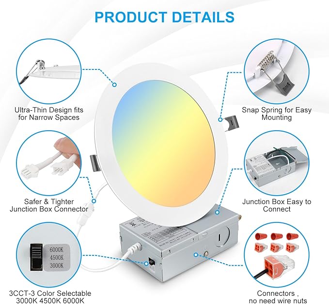 Elaruslux 4 Pack 7 Inch 3CCT Ultra-Thin LED Recessed Light with Junction Box, 3000K/4500K/6000K Selectable, 18W Eqv 125W, Dimmable Canless Downlight, 1600LM High Brightness(4-Pack)