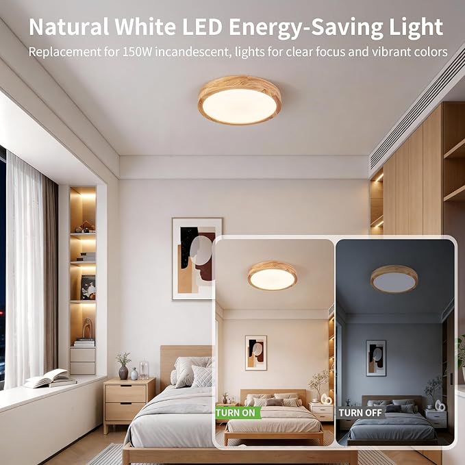 Modern LED Ceiling Light for Bedroom: Minimalist Wood Flush Mount Ceiling Light Fixture with Acrylic Lampshade - 4500K Not Dimmable Overhead Ceiling Lamps for Kitchen Hallway Living Room (11.8" Wood)