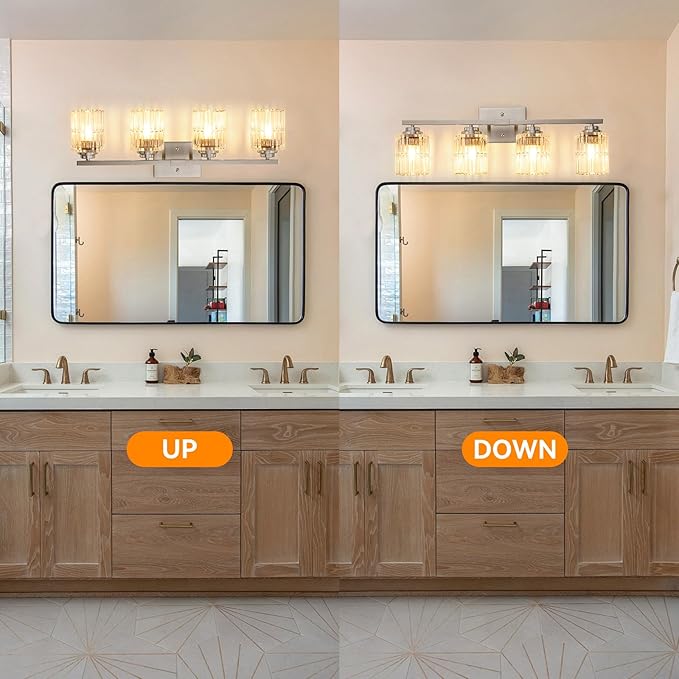TALOYA 27 Inch Bathroom Light Fixtures,Modern 4-Light Brushed Nickel Vanity Lights with Wide Vertical Ribbed Thickened Glass Shade Wall Sconces for Mirror Makeup Room Hallway（Bulbs Not Included）