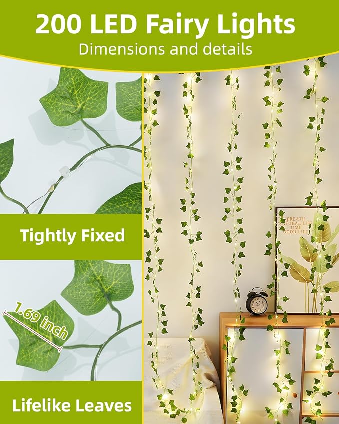 KASZOO Vines with Fairy Lights for Bedroom - 200 LED Ivy Curtain Wall Vines for Wedding, Party, Dorm, Indoor & Outdoor Use, 6.5ft x 6.5ft