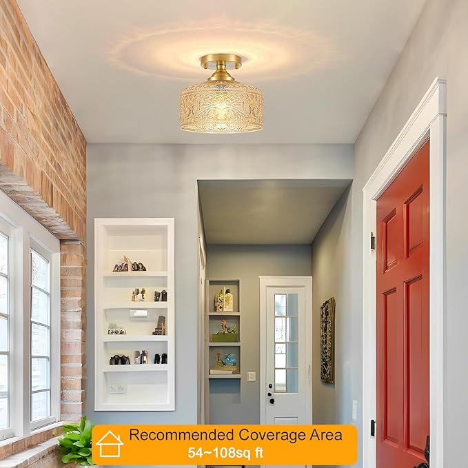 Small Semi Flush Mount Ceiling Light Fixture, Vintage Gold Close to Ceiling Lighting with Amber Etched Glass Shade for Hallway, Kitchen, Entryway (Retro Design, Easy Install)