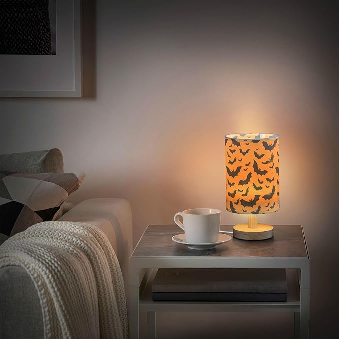 Aslsiy Halloween Black Bat Orange Bedside Table Lamp Nightstand Lamp Night Light Fabric Shade for Bedroom Living Room Home Office