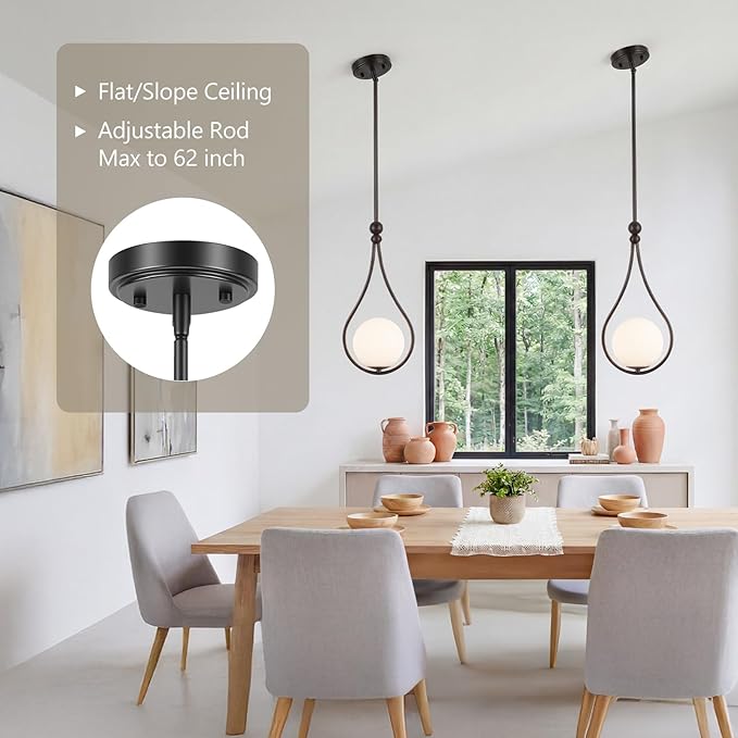 Black Pendant Lights with Milky White Globe Glass Pendant Lights Kitchen Island Adjustable Mid Century Hanging Pendant Light Fixtures for Kitchen Dining Room Entryway, 1 Pack