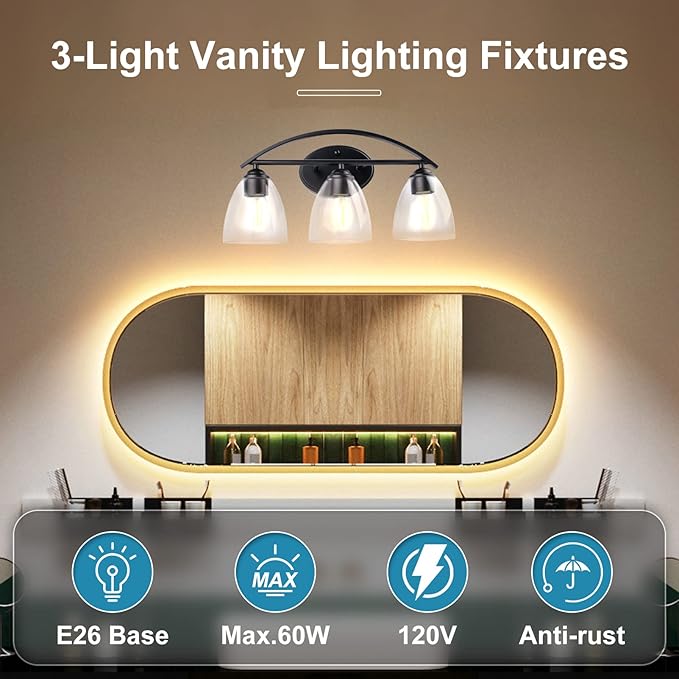 Lightdot Vanity Lights, 3 Light Bathroom Light Fixtures, Modern Vanity Light with Clear Glass Shade for Bathroom, White Bathroom Wall Lamp for Mirror Bedroom Living Room Kitchen Hallway Cabinet Porch