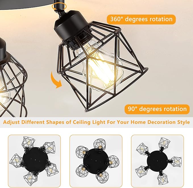5-Light Adjustable Kitchen Light Fixtures, Multi-Directional Black Ceiling Light Fixtures, Semi Flush Mount Ceiling Light, Vintage Metal Cage Spotlight Fixture for Hallway Dining Room Entryway