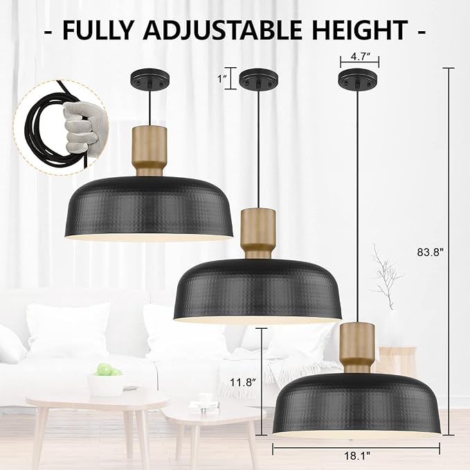 Darkaway Large Industrial Pendant Light Fixtures with Hammered Metal Shade, 2Pack Black 18.1inch Oversized Pendant Lighting for Kitchen Island Hanging Lamp Adjustable Height