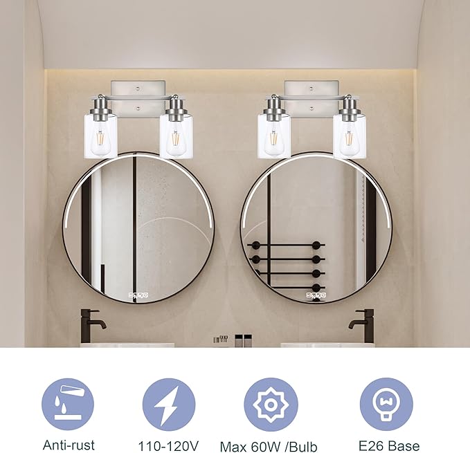 2 Light Track Lighting Kit Brushed Nickel Kitchen Track Lighting Fixtures Ceiling Mount Bathroom Vanity Wall Scones Light Fixture with Clear Glass, Rotatable Spotlight for Kitchen Shop Hallway