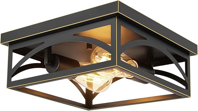 Black Flush Mount Ceiling Light Fixture, Industrial Light Fixture Ceiling Mount for Hallway Kitchen Porch Bedroom, Outdoor Ceiling Light Flush Mount, E26, 1 Pack, Gold Trim