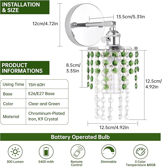 Shenmoyl Set of 2 Crystal Battery Operated Wall Sconce,Rechargeable Wall Lamp with 5400mAh Battery & Remote Control, Modern Dimmable Wireless Wall Lights for Bedroom Bathroom (Green, Silver Base)