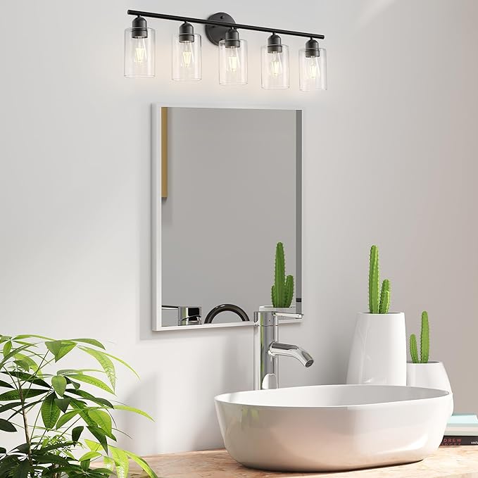 Espird Bathroom Vanity Light Fixtures Matte Black Bathroom Lighting Fixture, 5 Lights Bathroom Light Fixture Over Mirror, Modern Black Vanity Light, Wall Sconces with Glass Shades