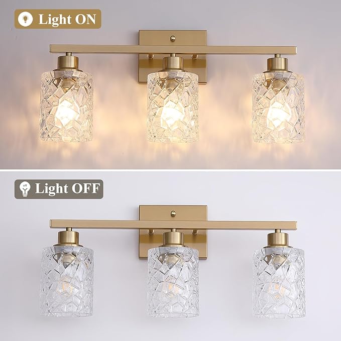 Mecgirn Stainless Steel Bathroom Vanity Light Over Mirror, 3 Light Brushed Gold Bathroom Light Fixtures with Textured Glass Shades,Ceramic E26 Sockets Wall Mounted Vanity Lights for Bathroom
