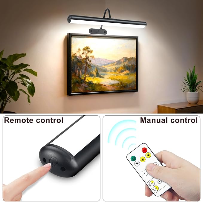 Set of 2 Picture Lights with Timer Dimmer, Painting Light with Remote Rechargeable Battery ,Wall Art 3 Lighting Colors Temps,16inch Full Metal Over Picture Painting Frame Dartboard Gallery Hallway