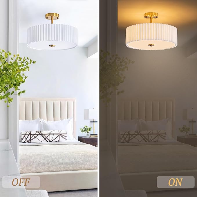 Bargeni 16.5 Inch Semi Flush Mount Ceiling Light Fixture,Gold Finish with Pleated Fabric Shade,3-Light Flush Mount Ceiling Light,Modern Light Fixtures Ceiling Mount for Bedroom,Hallway,Nursery Room