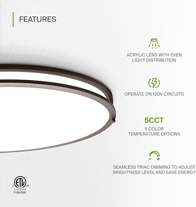 ASD LED 24" Oval Flush Mount Lighting, Close to Ceiling Light Fixture | 5CCT, Dimmable, ETL Listed | 38W 3289LM 2700-5000K 120V | Low Profile Double Ring Lamp | Dark Bronze, 2 Pack