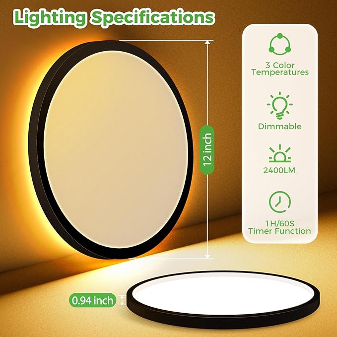 zemty 12 Inch LED Ceiling Light with Night Light 1800K, 2 Pack Dimmable Ceiling Lights with Remote Control, Low Profile for Bedroom, Living Room, Kitchen - Black