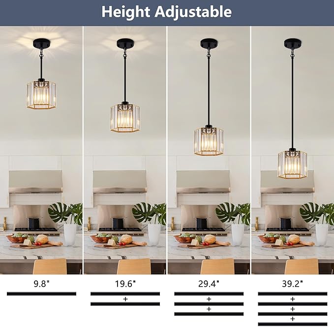 XSDeTu Black Pendant Lights Kitchen Island 2 Pack, Modern Crystal Chandeliers, Mini Hexagonal Pendant Light Fixture, Adjustable Hanging Ceiling Light for Kitchen Island Dinning Room Sink Bedroom