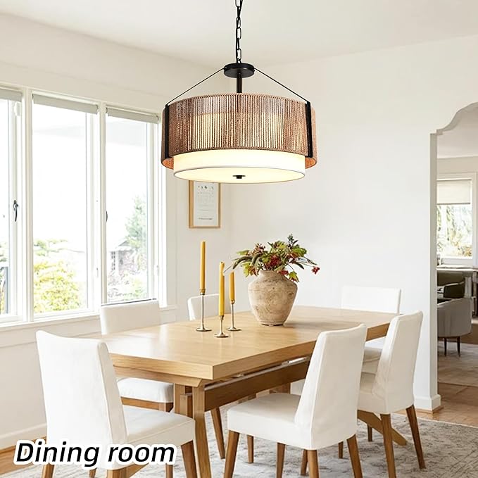 19.7" 4-Light Boho Pendant Light Fixture Rattan Chandelier, Hand Woven Farmhouse Chandelier for Dining Room Pendant Light for Kitchen Island, Bedroom, Dining & Living Room