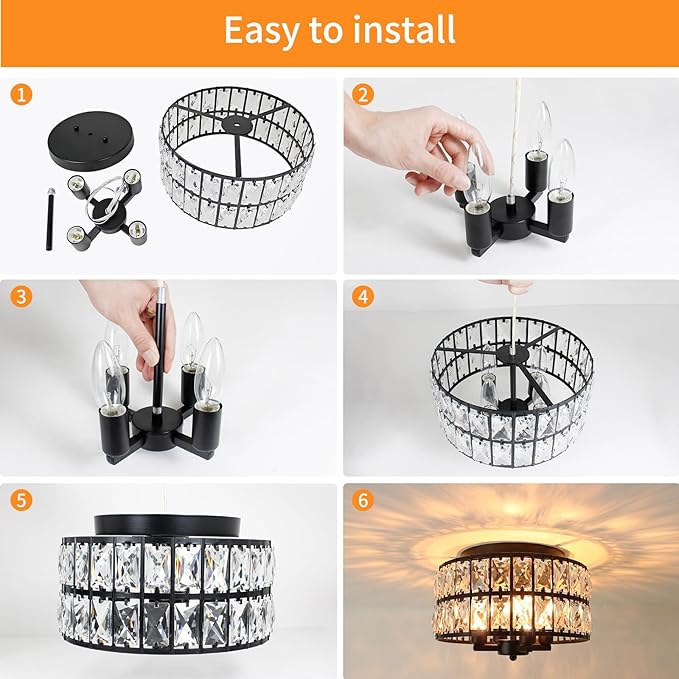 4-Light Crystal Flush Mount Ceiling Light, 11.2" Modern Chandelier, Black Ceiling Light Fixture for Kitchen, Bedroom, Hallway, Bathroom, Entryway, Closet, Dining Room