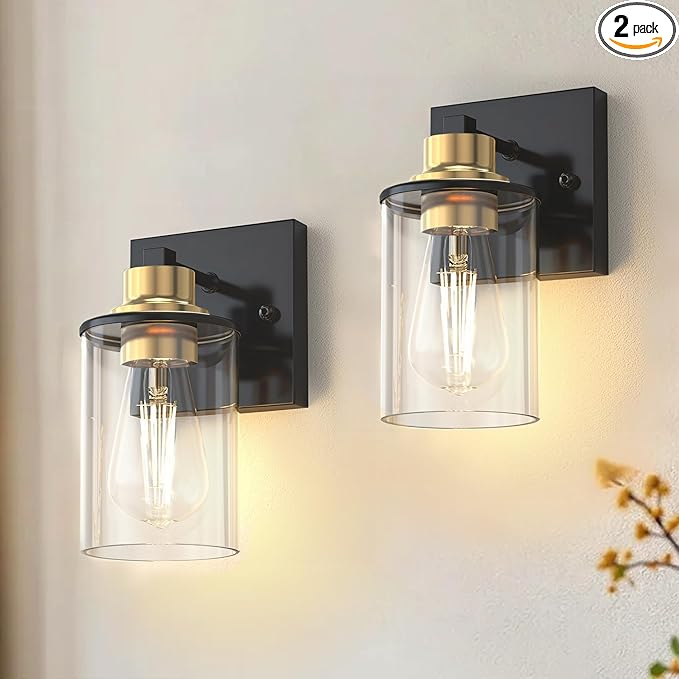 DORESshop Wall Sconces Set of 2 for Bathroom, Modern Vanity Light Fixtures with Clear Glass Shade, Black and Gold Wall Mount Lighting Lanterns for Bedroom Living Room Mirror Hallway Kitchen