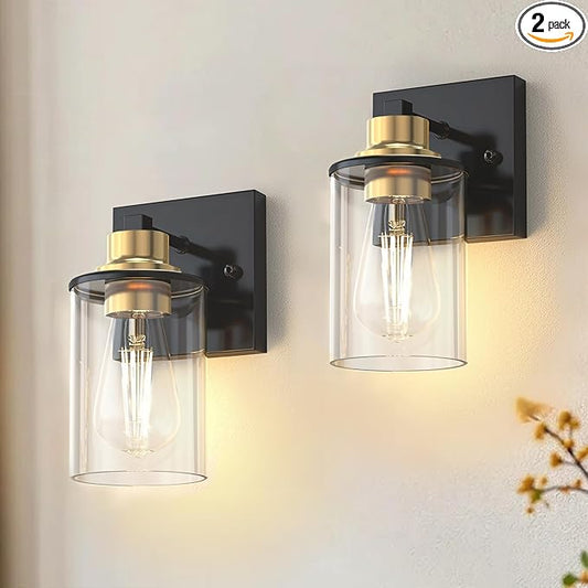 DORESshop Wall Sconces Set of 2 for Bathroom, Modern Vanity Light Fixtures with Clear Glass Shade, Black and Gold Wall Mount Lighting Lanterns for Bedroom Living Room Mirror Hallway Kitchen