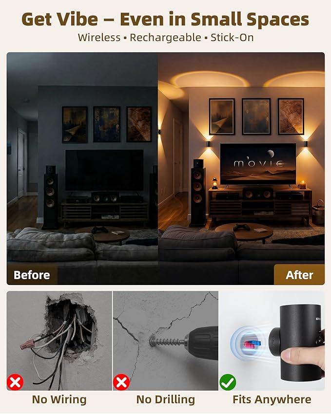EZVALO Motion Sensor Wall Light, 4000mAh Rechargeable Wall Sconce with Remote, 12 RGB & 3 Color Temps, Up & Down Ambient Lighting for Bedroom, Hallway, Corner Decor (2 Pack, Black)