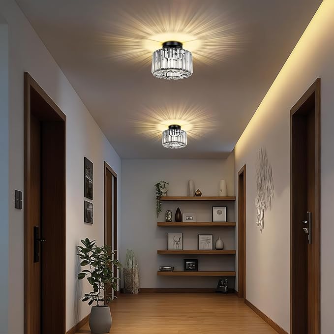 FRIDEKO HOME Crystal Ceiling Light - Black Small Chandelier Semi Flush Mount Ceiling Light Fixture Modern Lights for Hallway Bathroom Kitchen Entryway (9.05 Inch, Bulb not Included)